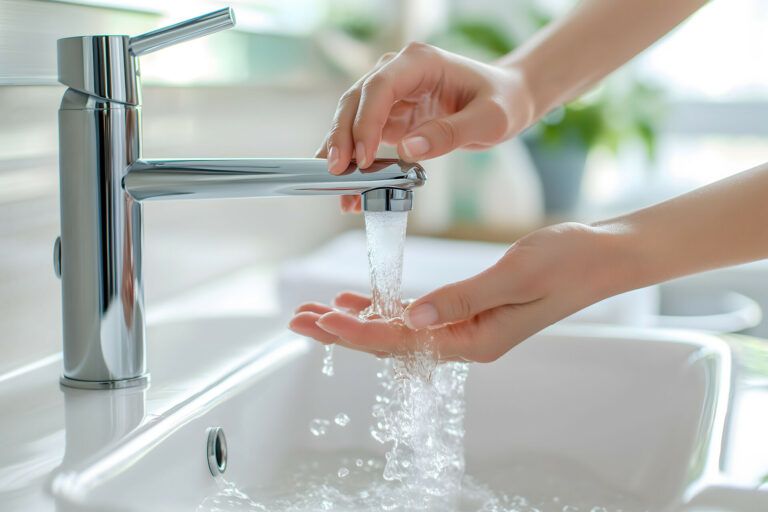 Person washing hands under a modern faucet in a bathroom, promoting hygiene, cleanliness, and water conservation in everyday household routines